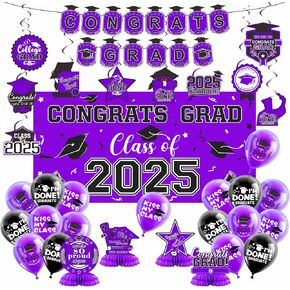 2025 Graduation Decorations Set- Class of 2025 Grad Party Decorations, Congrats Grad Banner, Backdrop, Grad Hanging Swirl, Balloons and Honeycomb Table Toppers, Graduation Party Supplies in Kuwait