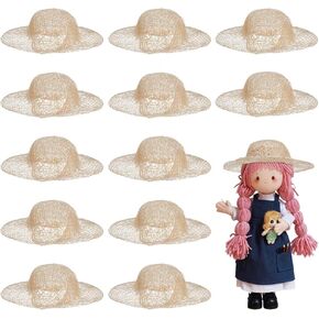 Fingerinspire 12 PCS Mini Distraw Straw Knitting Hats 3.85 inch Miniature Doll Hats for Dollhouse DIY Craft Bisque Color Tiny Size Raffia Grass Doll for DIY Doll Plush Making Animal Making