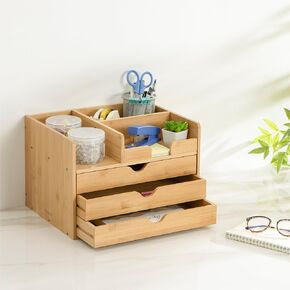 Navaris Bamboo Desk Organizer - High Corper Small Murser Supplies صندوق تخزين - Contertop سطح مكتب سطح المكتب Top Bamboo مع الأدراج - A4 الورق الكتب المجلدات الكبيرة