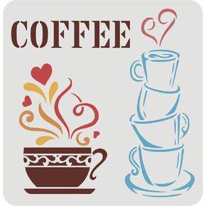 FINGERINSPIRE Coffee Cup Stencil 11.8x11.8inch Reusable Coffee Drawing Template PET Plastic Coffee Painting Stencil Coffee Bar DIY Decoration Stencil for Painting on Wall, Furniture, Wood and Paper