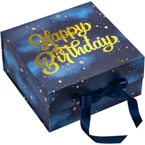 Wrapaholic 1 PCS 8 × 8 × 4 بوصات الذهب رقائق عيد ميلاد سعيد ومربع هدايا السماء النجوم مع شريط الساتان ، صندوق هدايا قابلة للطي مع إغلاق مغناطي