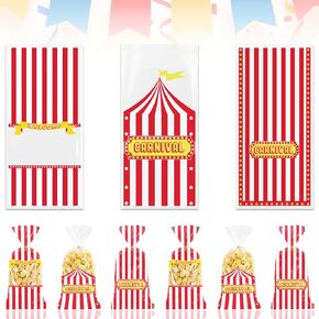 Hying 120 PCS Carnival Circus Cellophane Bags with Twist Ties - Red Stripes Birthday Candy Bags for Cookie, Candy & Goodies Wrapping Supplies
