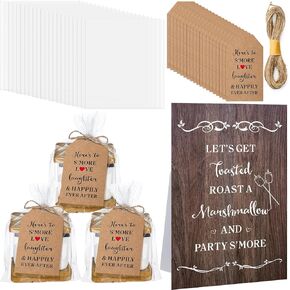 Moinchore 100 مجموعات Smores حفلات الزفاف بما في ذلك 100 أكياس Smore Cellophane الصافية 100 إدراج S'More Love Tags حامل المكتب و 32.81 قدمًا لصالح حفل ​​زفاف استحمام الطفل (ريفي)