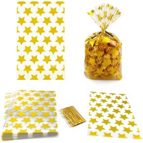 أكياس Saktopdeco 100 PCS Gold Star Cellophane - حقائب بلاستيكية 5 × 8 نجوم لتعبئة اللوازم