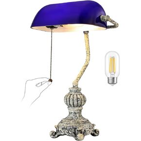 Newrays Retro Blue Glass Bankers مصباح مكتب للمكتب المنزلي ، مكتبة مع سد التبديل سلسلة السحب في لاعبا اساسيا ، مضمونة المصباح LED