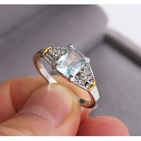 Vintage Women Aquamarine Gemstone Ring 14k White Gold Plated Blue CZ Crystal Wedding Bridal Band Ring