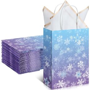 ReliThick 30 Pcs Snowflake Paper Bags Frozens Candy Treat Goodie Gift Bags with Handle Blue and Purple Party Favors for Princess Holiday Birthday Wonderland Party Supplies