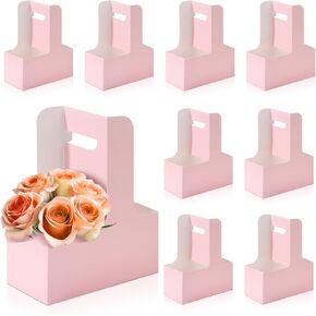 Bakbania 20 Pcs Kraft Paper Flower Gift Bags 2 Cup Disposable Drink Carrier with Handle Floral Wrap Packing Boxes for Food Delivery Service