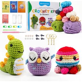 Crochet Kit for Beginners - 3 Adorable Animals Kids Crocheting Kit with Video Tutorials and E-Book - Beginner Crochet Kit for Adults, Easy Crochet Animal Kit for Kids, Penguin, Dinosaur, Octopus