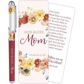 Needzo Mothers Pen and Bookmark Gift Set, God Bless Mom Inspirational Cardstock Prayer Card Page Tracker and Journaling Accessories, Catholic Keepsake for Women, 5.5 inches