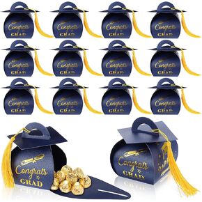 25 PCS التخرج مربعات التخرج Cap Cap Box Candy Treat Box مع Tassel Grad Party Hife Boxes Party Class of 2025 Grad Decorations (Blue ، Gold)