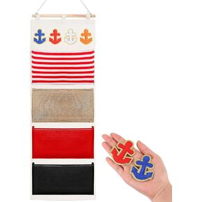 Fish Extender Hanging Organizer with 4 Pockets and 4 Pcs Iron on Anchor Patches Wall Hanging Storage Bag for Exchange Gifts Cabin Door Closet Cruise Travel (Orange,White,Red,Blue)