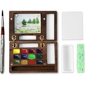 MEI COLOUR Portable Mini Watercolor Paint Set for Adult Artists, Wooden Pocket 12 Color Travel Watercolors Painting Kit Contains Pen Paper Sponge Wash Bucket
