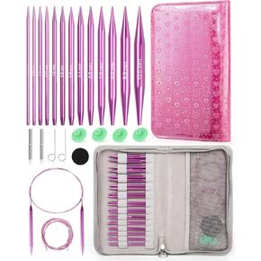 Aeelike Interchangeable Knitting Needles Set, 13 Sizes Circular Knitting Needles (3.0-10.0 mm) with 4 Cables & Leather Case, Smooth Knitting Needle for Blankets Cushions, Ideal Gift