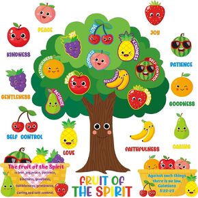 Fruit of The Spirit Bulletin Board Set Classroom Decorations Bible Religious Paper Cutouts for Kids Back to School Tree Wall Decor for Sunday School Christian Nursery Chalkboard Door Teacher Supplies