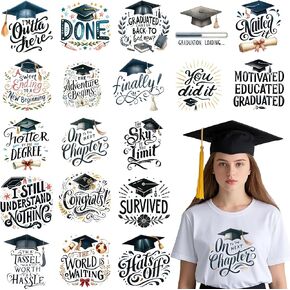 Graduation Iron on Transfers, 19 PCS Graduation Cap DTF Transfers Ready to Press Iron on Patch Decals, Tassel Heat Transfer Vinyl for T-Shirts Bag Clothing DIY Crafts