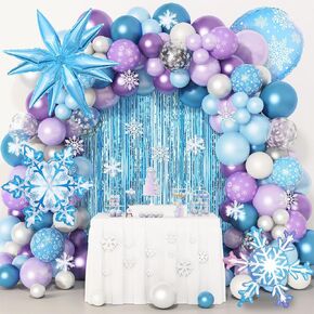 Amandir 162pcs لوازم حفلات عيد ميلاد الثلج ، البالون الثلج Garland Arch Kit Startain Blue Purple Snowflown Confetti Balloons Princess Winter Wondland Girl Baby Party Decorities