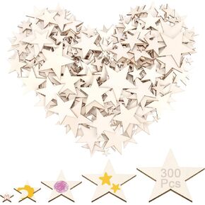 Glarks 300pcs 1/2/3/4/5cm النجوم الخشبية غير المكتملة ، 5 أحجام زخرفة نجوم خشبية ، نجوم حب خشبية فارغة ، قواطع نجوم الخشب غير المكتملة ، شرائح نجوم خشبية فارغة لزخرفة حفل زفاف عيد ميلاد الزفاف