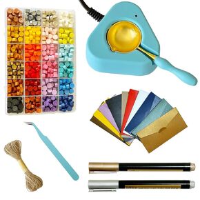 Blue Electric Wax Seal Kit - مجموعة قرطاسية زفاف كاملة مع 600 حبات شمع ، 10 مظاريف وأقلام معدنية (001BLUE)