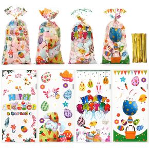 Pintreeland Easter Treat Pags 50pcs مع ربطات Gold Twist ، Cellophane Candy Goodie Cooikes Facs With Bunny Design for Party Favor Supplies
