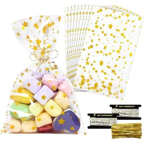 Rcybeo 100 PCS 5.5 "× 9.5" أكياس علاج السيلوفان ، أكياس هدايا صافية للنجوم للحلوى ، حقائب ملفات تعريف الارتباط للهدايا التي تعطي حفلات عيد الميلاد ، مع 4 "علاقات تويست ، حبل قطني 11 ياردة
