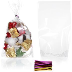 Lloussak 100pcs أكياس Gusset السفلية أكياس Clophane ، أكياس Cello Celophane معاملة مع 100 علاقات تويست Cellphan Candy Candy أكياس Cellophan Candy Cookie أكياس الهدايا البلاستيكية