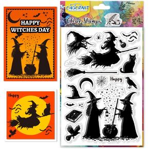 Chgcraft Witch Silhouette Clear Stamps Black Cat Stamps Smagic Hat Silicone Clear Stamp Seals for DIY Scrapbooking Photo Decoration ، 4.3x6.3 Inch