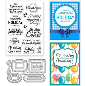 INFUNLY Words Clear Stamps and Cut Dies for Card Making 6.3"×4.3" Sentiments Words Clear Stamps and Cut Dies Words Silicone Stamps for DIY Craft Holiday Silicone Stamps for Scrapbooking