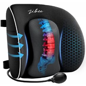 ZIKEE Airbag Lumbar Support Pillow for Office Chair and Car Seat, Adjustable Memory Foam Lumbar Pillow for Contoured Lower Back Support & Pain Relief, Lower Back Cushion with Dual Straps & Airy Fabric