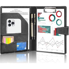 PU Leather Padfolio Clipboard,DIN A5 Document Organizer Folio Clip Board,Magnetic Closure Business Portfoli with Cover Professional with 2 Pen,A5 Paper for School Office Men Women,Black