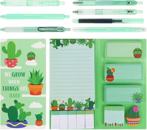 Buqoo Office Supplies Cactus Themed Stationery Set, 6 Fine Tip Gel Pens with 1 Highlighter, 1notepad with 9 Sticky Note Sheets Inside for Office School Supplies in Kuwait