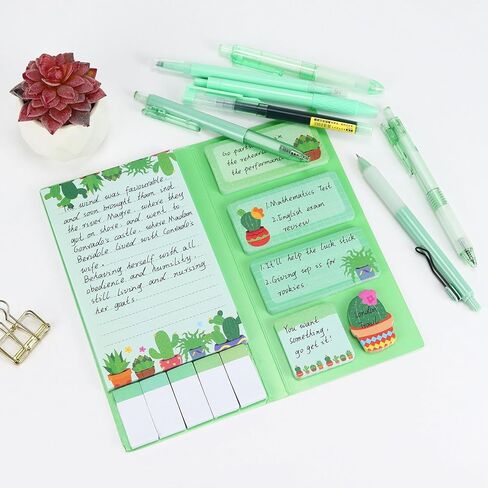 Buqoo Office Supplies Cactus Themed Stationery Set, 6 Fine Tip Gel Pens with 1 Highlighter, 1notepad with 9 Sticky Note Sheets Inside for Office School Supplies in Kuwait