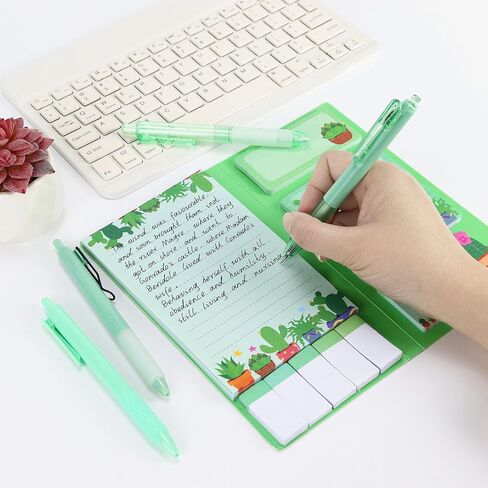 Buqoo Office Supplies Cactus Themed Stationery Set, 6 Fine Tip Gel Pens with 1 Highlighter, 1notepad with 9 Sticky Note Sheets Inside for Office School Supplies in Kuwait
