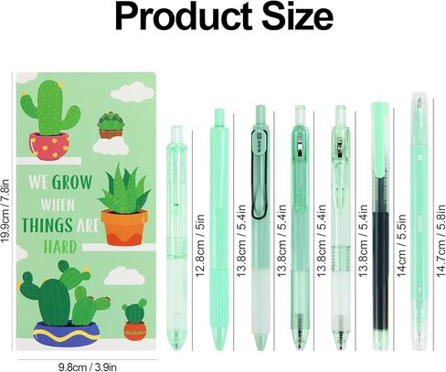 Buqoo Office Supplies Cactus Themed Stationery Set, 6 Fine Tip Gel Pens with 1 Highlighter, 1notepad with 9 Sticky Note Sheets Inside for Office School Supplies in Kuwait