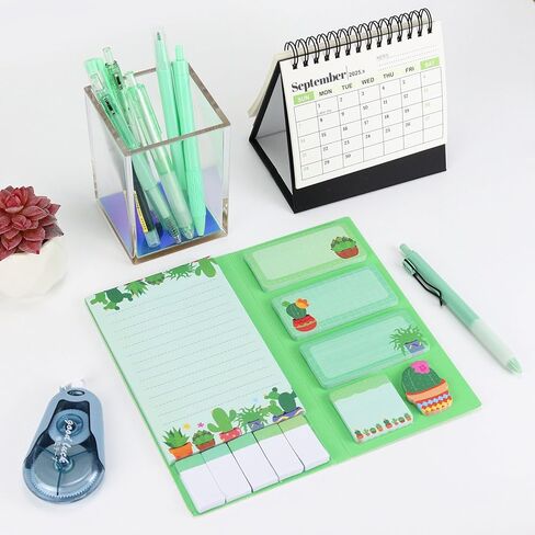 Buqoo Office Supplies Cactus Themed Stationery Set, 6 Fine Tip Gel Pens with 1 Highlighter, 1notepad with 9 Sticky Note Sheets Inside for Office School Supplies in Kuwait