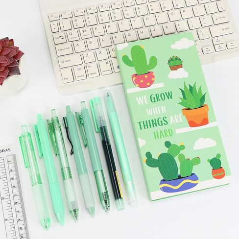 Buqoo Office Supplies Cactus Themed Stationery Set, 6 Fine Tip Gel Pens with 1 Highlighter, 1notepad with 9 Sticky Note Sheets Inside for Office School Supplies in Kuwait