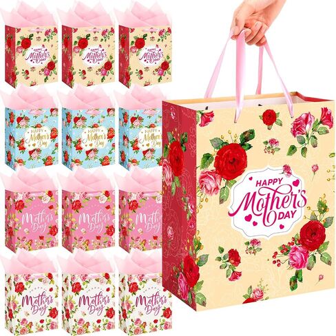 12 Pcs 13" Large Mother's Day Gift Bags Bulk with Tissue Paper Happy Mothers Day Gift Bag with Handles for the Best Mom Floral Wrap Bags for Moms Grandmas Woman Nana Sister in Saudi Arabia