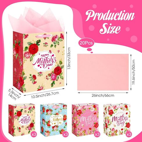 12 Pcs 13" Large Mother's Day Gift Bags Bulk with Tissue Paper Happy Mothers Day Gift Bag with Handles for the Best Mom Floral Wrap Bags for Moms Grandmas Woman Nana Sister in Saudi Arabia