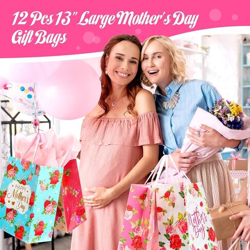 12 Pcs 13" Large Mother's Day Gift Bags Bulk with Tissue Paper Happy Mothers Day Gift Bag with Handles for the Best Mom Floral Wrap Bags for Moms Grandmas Woman Nana Sister in Saudi Arabia