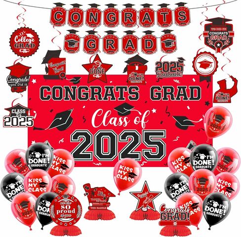 2025 Graduation Decorations Set- Class of 2025 Grad Party Decorations, Congrats Grad Banner, Backdrop, Grad Hanging Swirl, Balloons and Honeycomb Table Toppers, Graduation Party Supplies in Kuwait