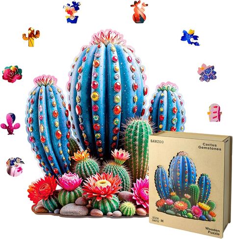 Wooden Jigsaw Puzzles for Adults and Kids, Cactus Gemstones 200 Piece Unique Shaped Puzzle, Family Game and Creative Wooden Puzzle Gift, Wall Art Decor, 10 x 11 Inch in Saudi Arabia