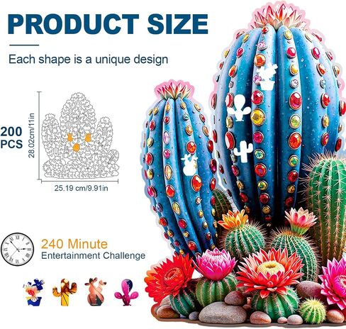 Wooden Jigsaw Puzzles for Adults and Kids, Cactus Gemstones 200 Piece Unique Shaped Puzzle, Family Game and Creative Wooden Puzzle Gift, Wall Art Decor, 10 x 11 Inch in Saudi Arabia