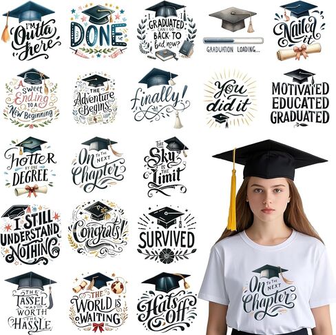 Graduation Iron on Transfers, 19 PCS Graduation Cap DTF Transfers Ready to Press Iron on Patch Decals, Tassel Heat Transfer Vinyl for T-Shirts Bag Clothing DIY Crafts in Saudi Arabia
