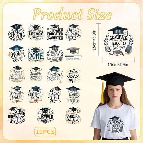 Graduation Iron on Transfers, 19 PCS Graduation Cap DTF Transfers Ready to Press Iron on Patch Decals, Tassel Heat Transfer Vinyl for T-Shirts Bag Clothing DIY Crafts in Saudi Arabia