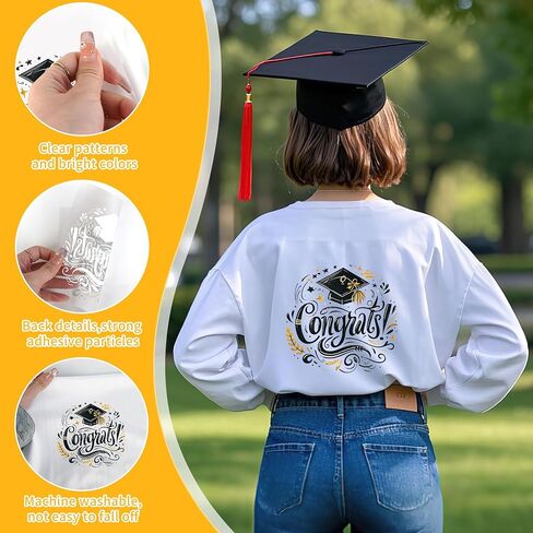 Graduation Iron on Transfers, 19 PCS Graduation Cap DTF Transfers Ready to Press Iron on Patch Decals, Tassel Heat Transfer Vinyl for T-Shirts Bag Clothing DIY Crafts in Saudi Arabia