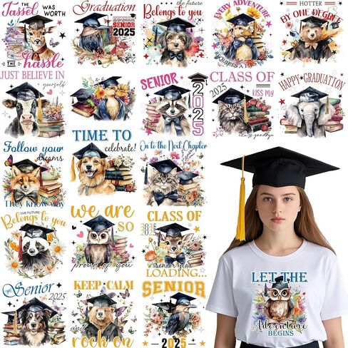 Graduation Iron on Transfers, 19 PCS Graduation Cap DTF Transfers Ready to Press Iron on Patch Decals, Tassel Heat Transfer Vinyl for T-Shirts Bag Clothing DIY Crafts in Saudi Arabia