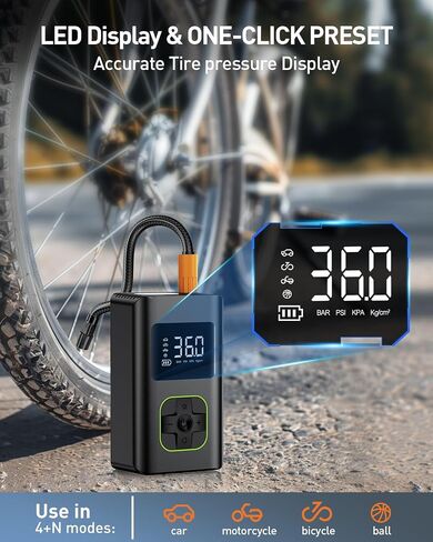 Tire Inflator Portable Air Compressor - 10000mAh Cordless Air Pump for Car Tires, 150 PSI Electric Bike Tire Pump with LED Light and Digital Pressure Gauge for Motorcycle, Auto, Ball, Bicycle in Saudi Arabia