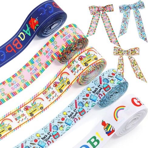 MTLEE 5 Rolls 25 Yards School Grosgrain Ribbons 2.5" Back to School Bus Pencil ABC Pattern Ribbons for Crafts Teacher Appreciation Gifts Wrapping Hair Bows Wreath Decoration(Stylish Style) in Saudi Arabia