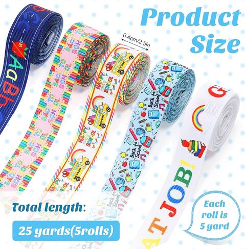 MTLEE 5 Rolls 25 Yards School Grosgrain Ribbons 2.5" Back to School Bus Pencil ABC Pattern Ribbons for Crafts Teacher Appreciation Gifts Wrapping Hair Bows Wreath Decoration(Stylish Style) in Saudi Arabia