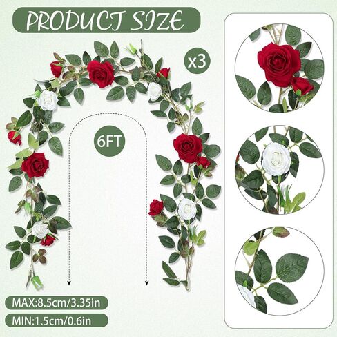 Valentine's Day Red and White Rose Vine Artificial Flower Garland Fake Flower 6ft Garland Artificial Silk Floral Hanging for Wedding Party Ceremony Outdoor Decor Pack of One in Saudi Arabia